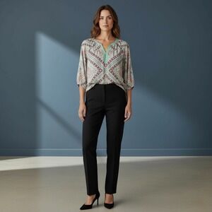 Fig and Flower Boho Peasant Geometric Print V Neck 3/4 Sleeve Tunic Top Blouse L